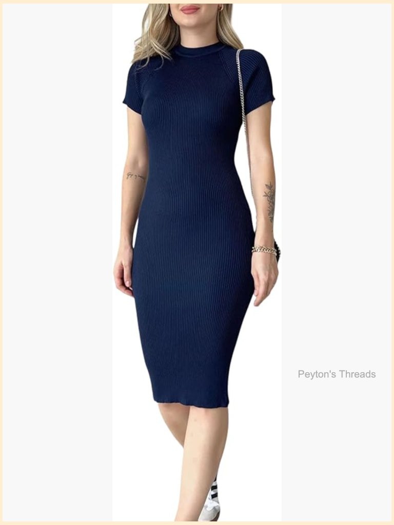 Bodycon Midi Dress Short Sleeve Ribbed Knit Slim Fit Casual